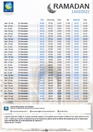 Calendrier des horaires de prière Ramadan 2022